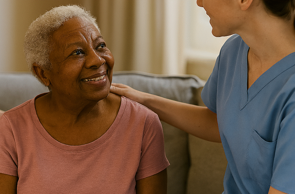 an image of a service user and a care giver together in the service user's home. Providing home care in Leicester and Derby